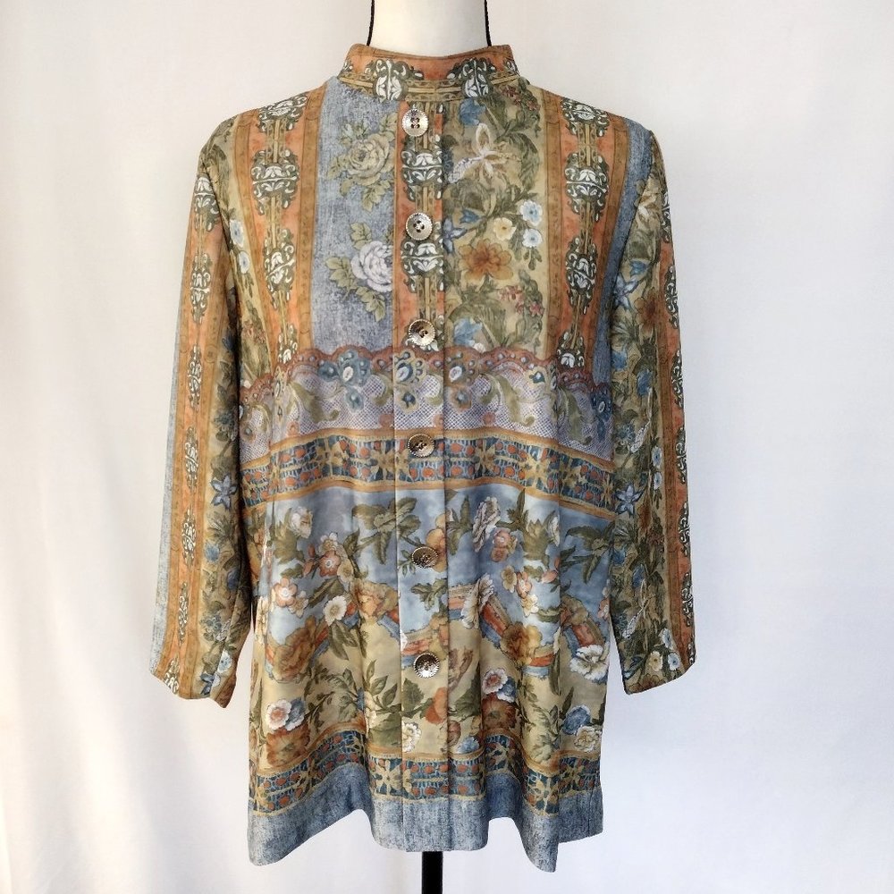 Vintage 1970s Floral Raised Collar Pullover Polyester Blouse